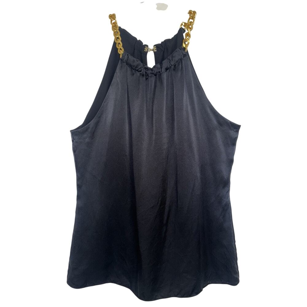Ellie Tahari 100% Silk Black Sleeveless Top Gold Chain XS Minimalist